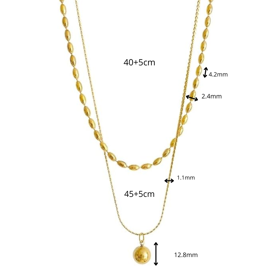 collar doble capa en cadenas de cuenta con colgante de esfera pulida en acero inoxidable chapado en oro 18 quilates