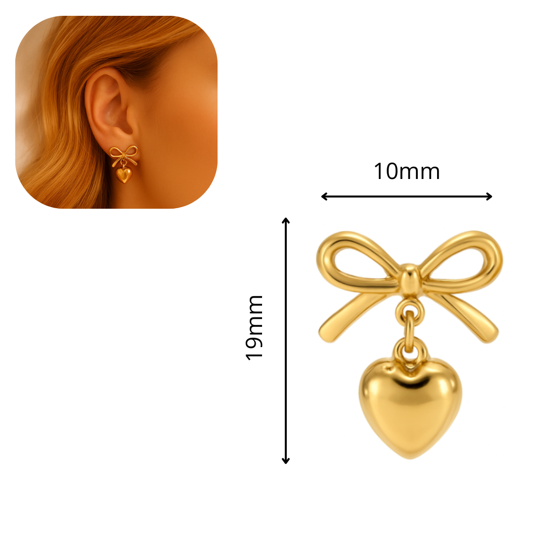 Aretes con siluela de corazón y delicado lazo dorado, aros de acero inoxidable chapado en oro 18 k