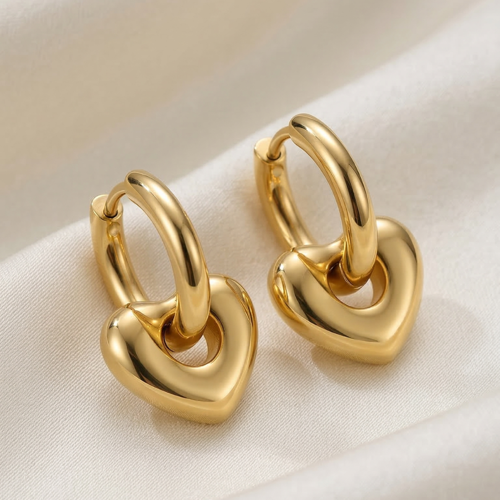Aretes con siluela de corazón y delicado lazo dorado, aros de acero inoxidable chapado en oro 18 k