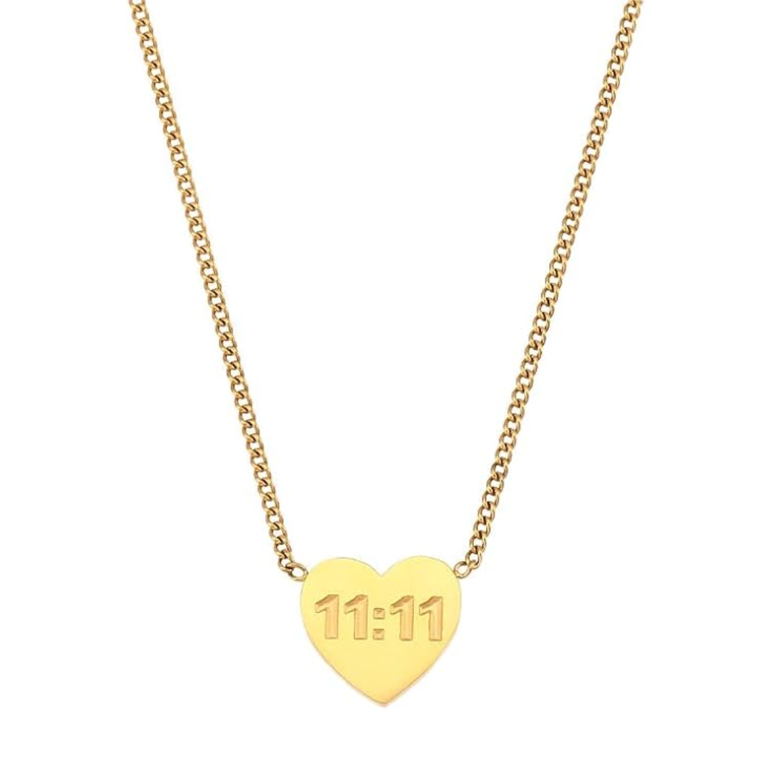 Collar en forma de corazón con número angelical 11:11 chapada en oro 18K de acero inoxidable - Collar 11