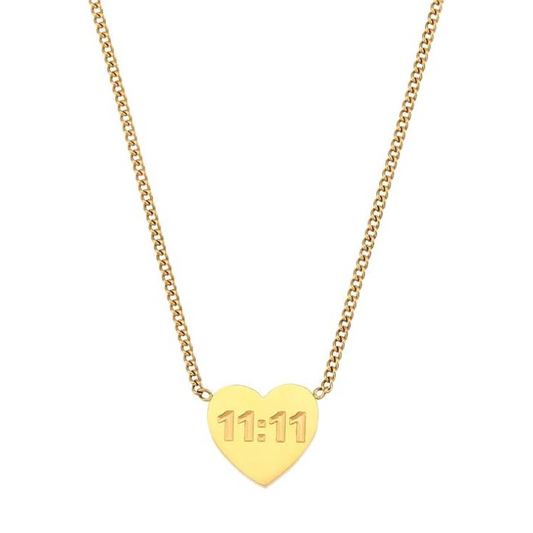 Collar en forma de corazón con número angelical 11:11 chapada en oro 18K de acero inoxidable