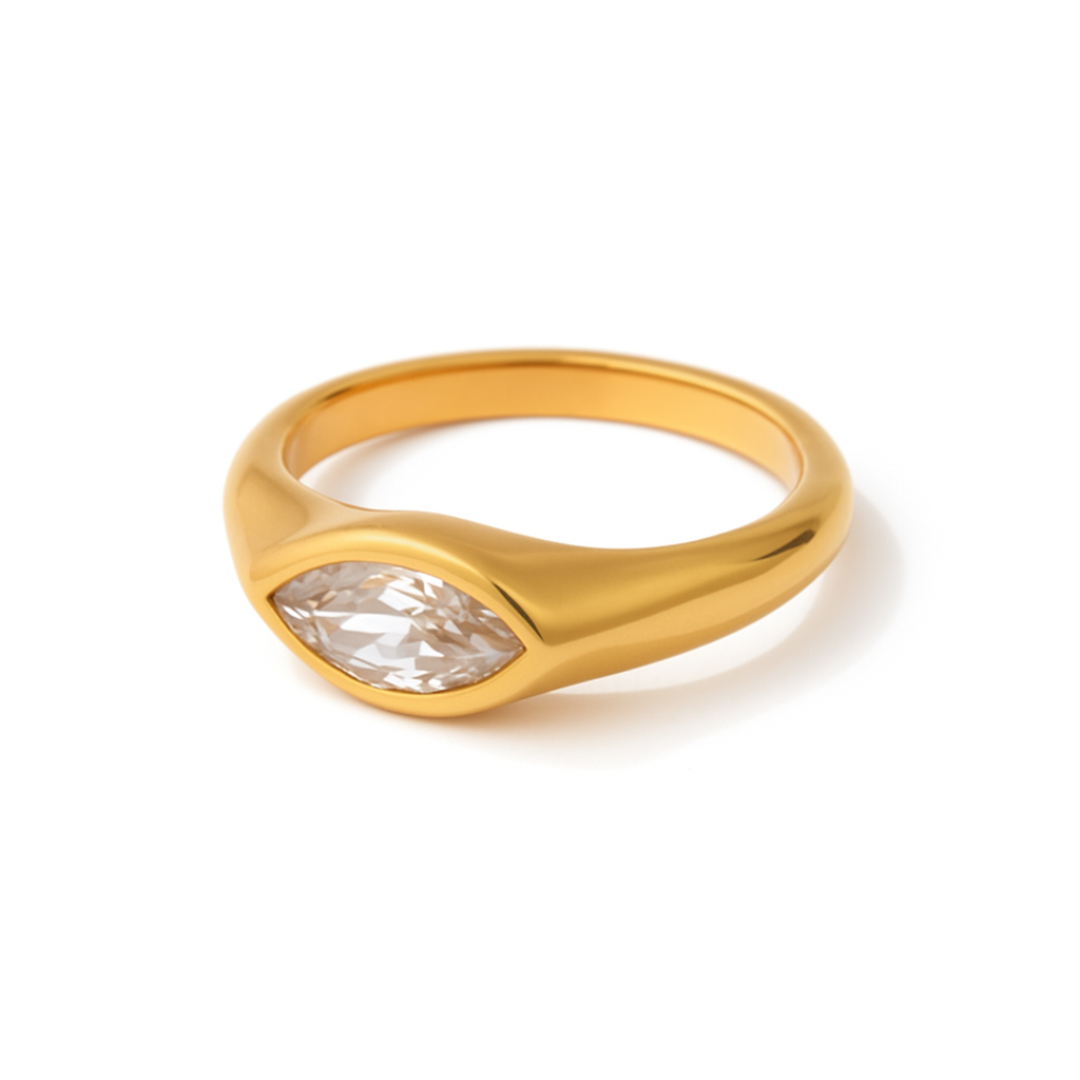 Anillo de sello de circón de ojo de caballo en acero inoxidable chapado en oro 18k