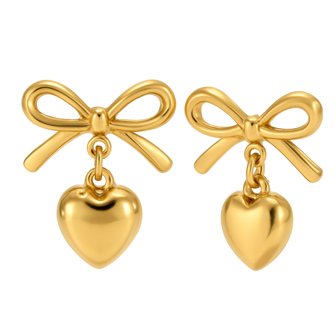 Aretes con siluela de corazón y delicado lazo dorado, aros de acero inoxidable chapado en oro 18 k - Gold