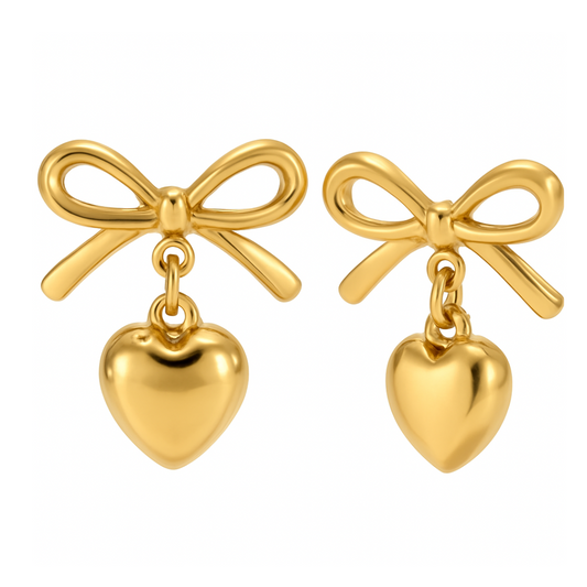 Aretes con siluela de corazón y delicado lazo dorado, aros de acero inoxidable chapado en oro 18 k