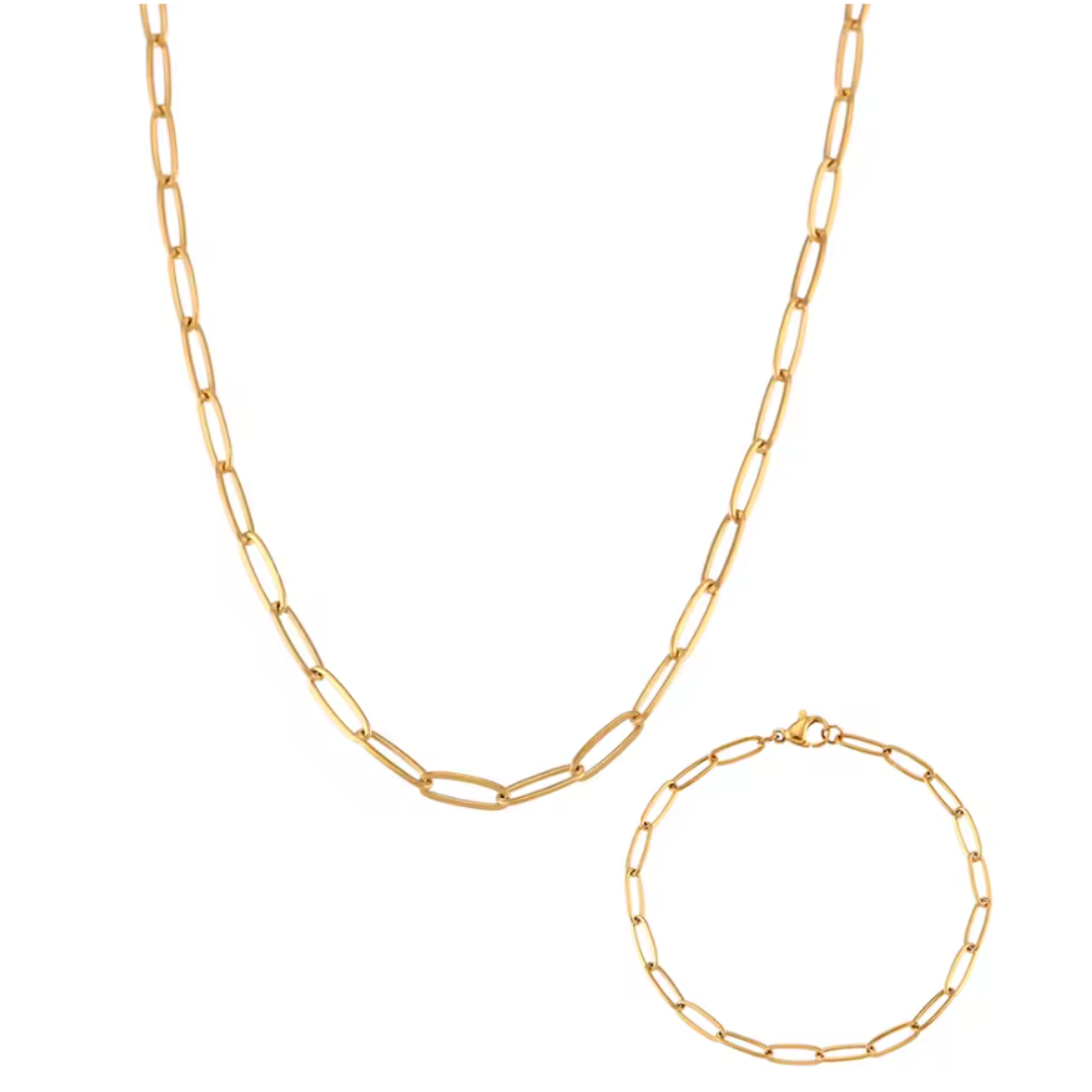 Set de Collar y Pulsera de Eslabones en acero inoxidable chapada en oro 18k - Conjunto