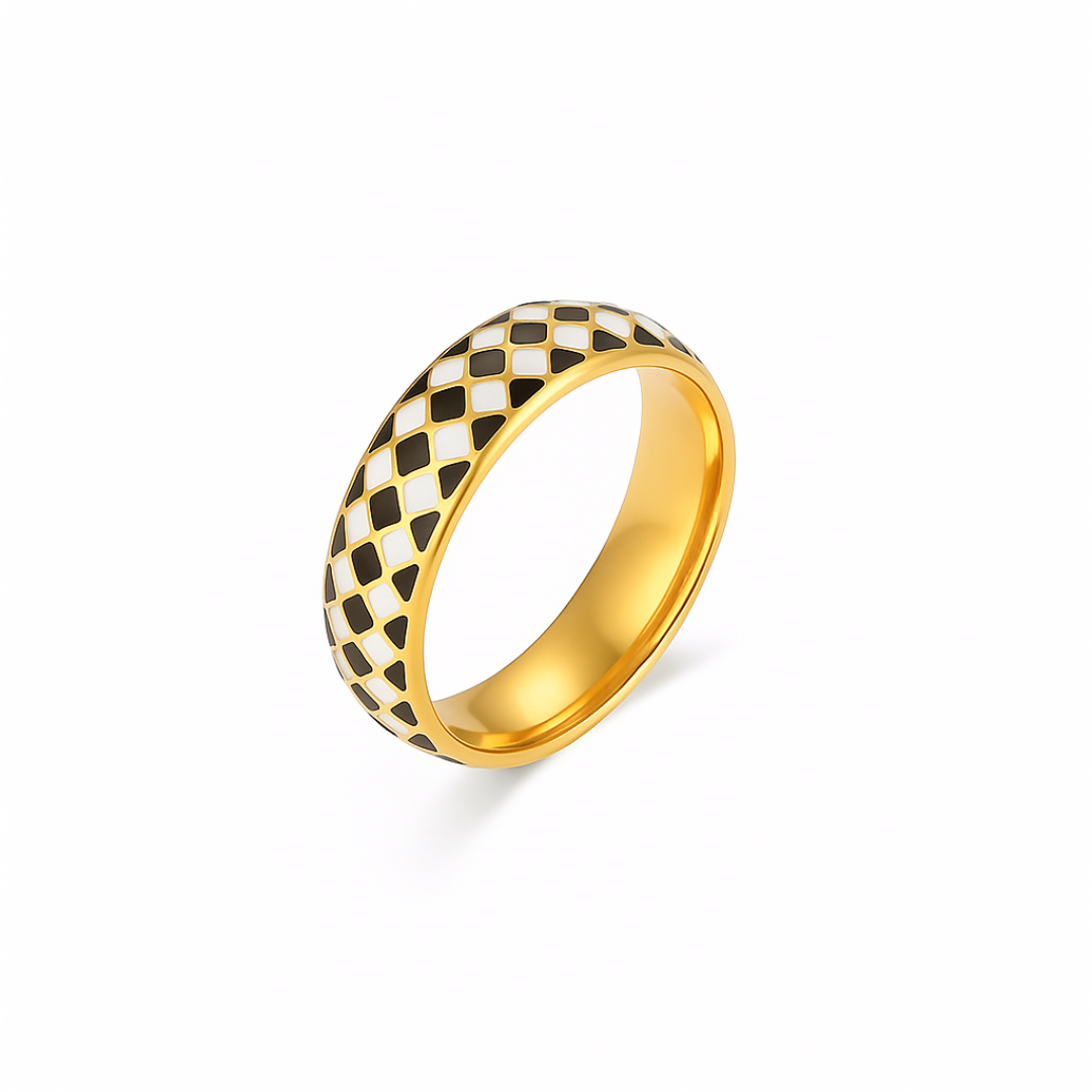 Anillo de cuadro de esmalte blanco y negro de acero inoxidable - Blanco y Negro / 6