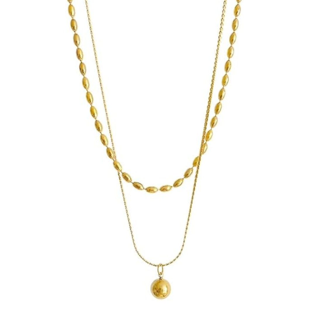 collar doble capa en cadenas de cuenta con colgante de esfera pulida en acero inoxidable chapado en oro 18 quilates - Collar doble