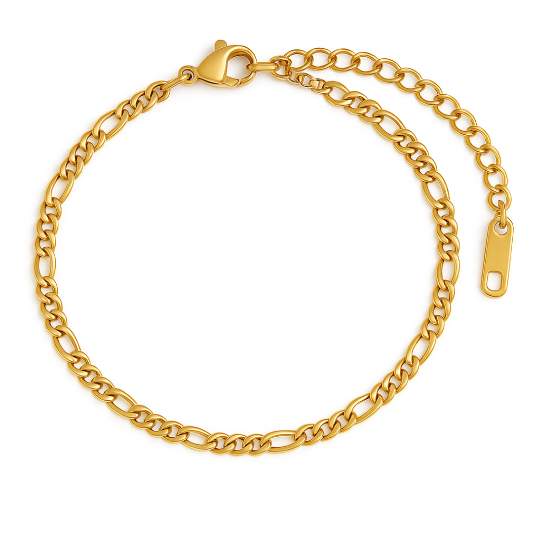 Pulsera Dorada Beads Chain, Box Chain y Figaro Chain chapada en oro 18k de acero inoxidable