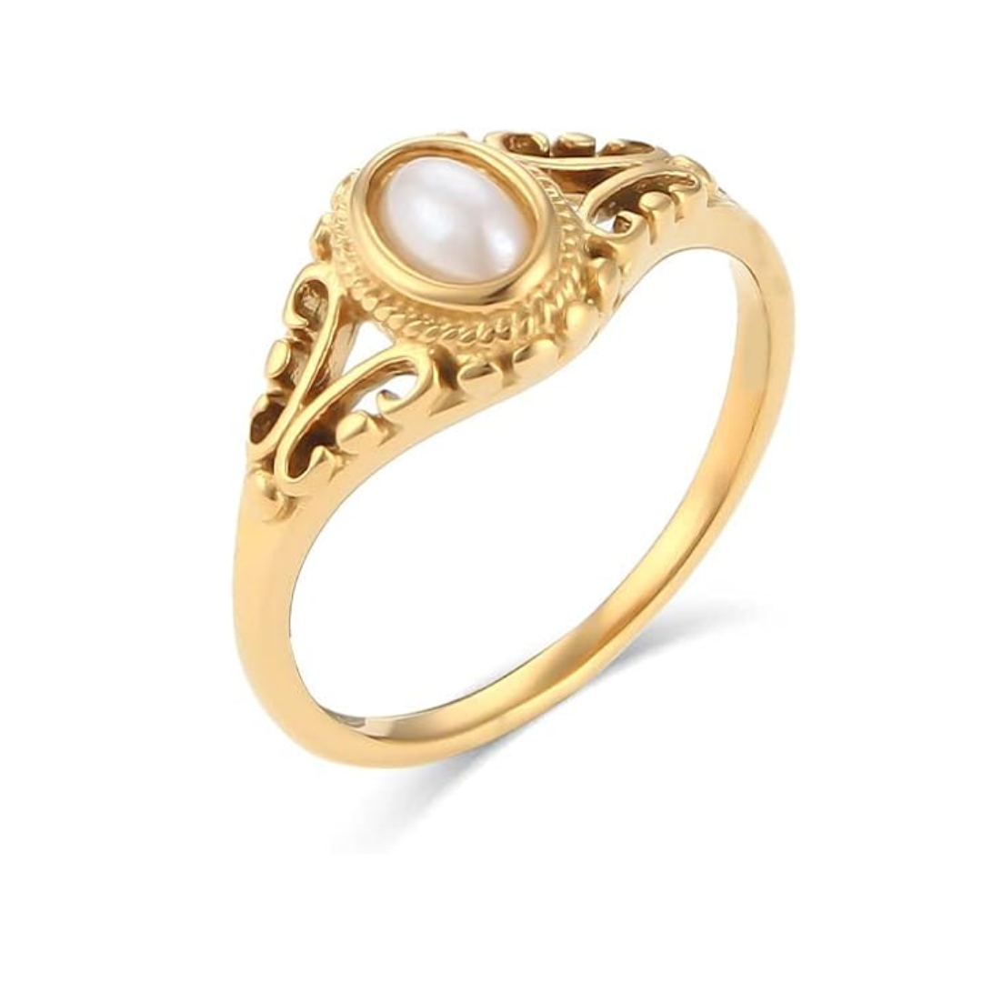 Anillo de Perla Sintetica en acero inoxidable con chapado en oro 18k - 5