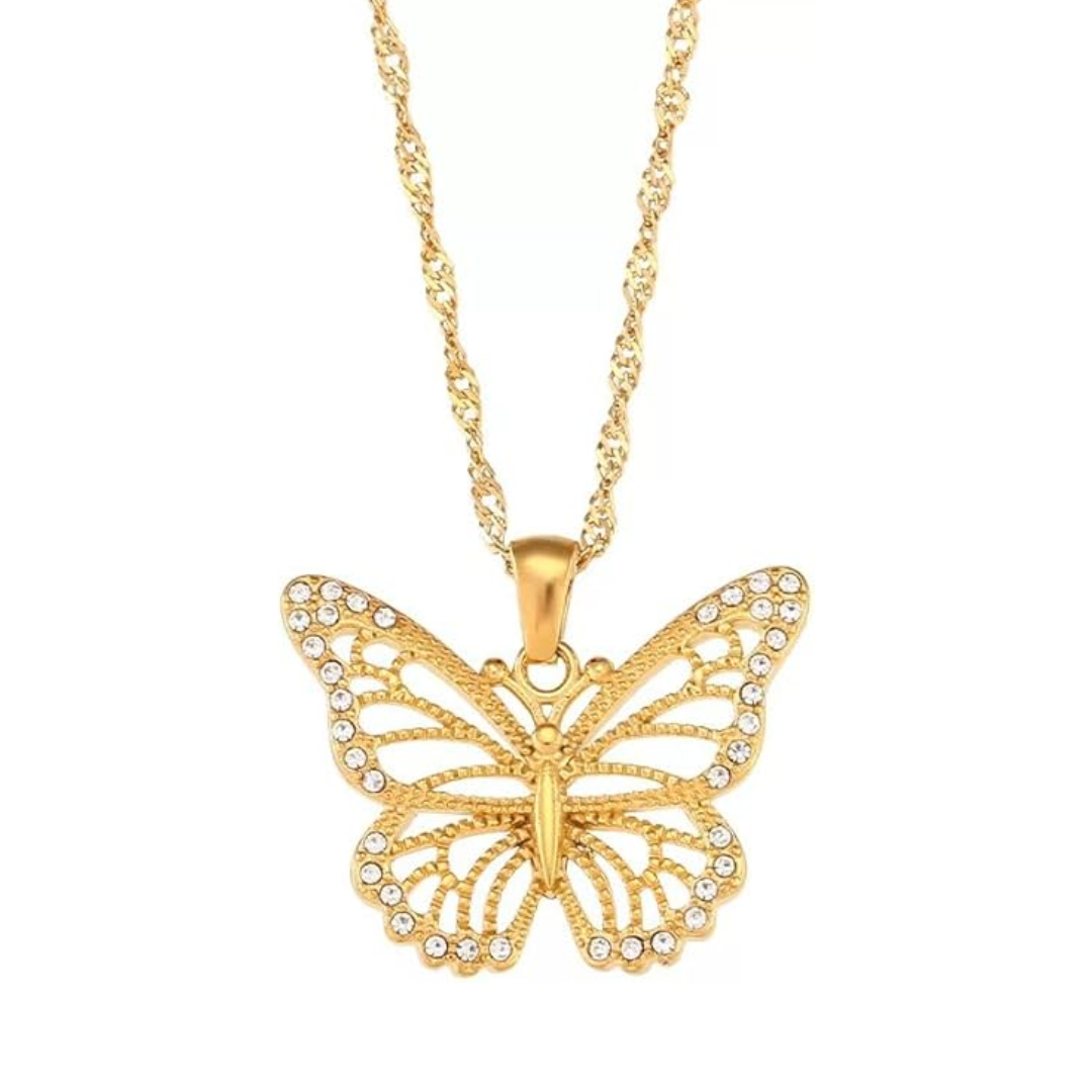 Collar de acero inoxidable chapado en oro 18 quilates con colgante de mariposa adornado con brillantes circones - Collar Mariposa