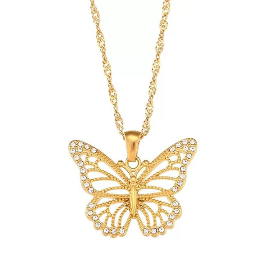 Collar de acero inoxidable chapado en oro 18 quilates con colgante de mariposa adornado con brillantes circones