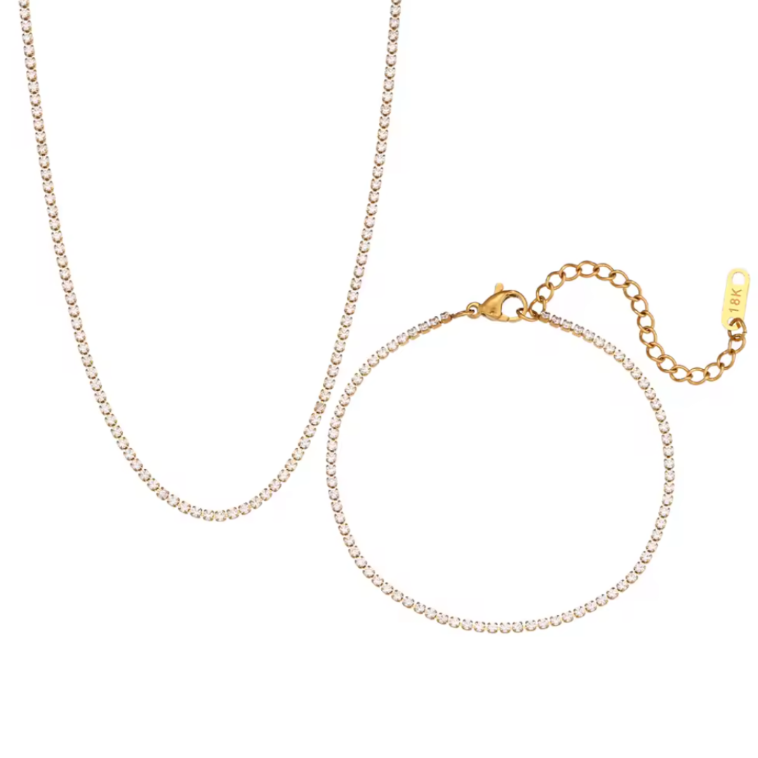 Set de collar y pulsera dorados con circonitas cúbicas en acero inoxidable - Conjunto Dorado (Gold)