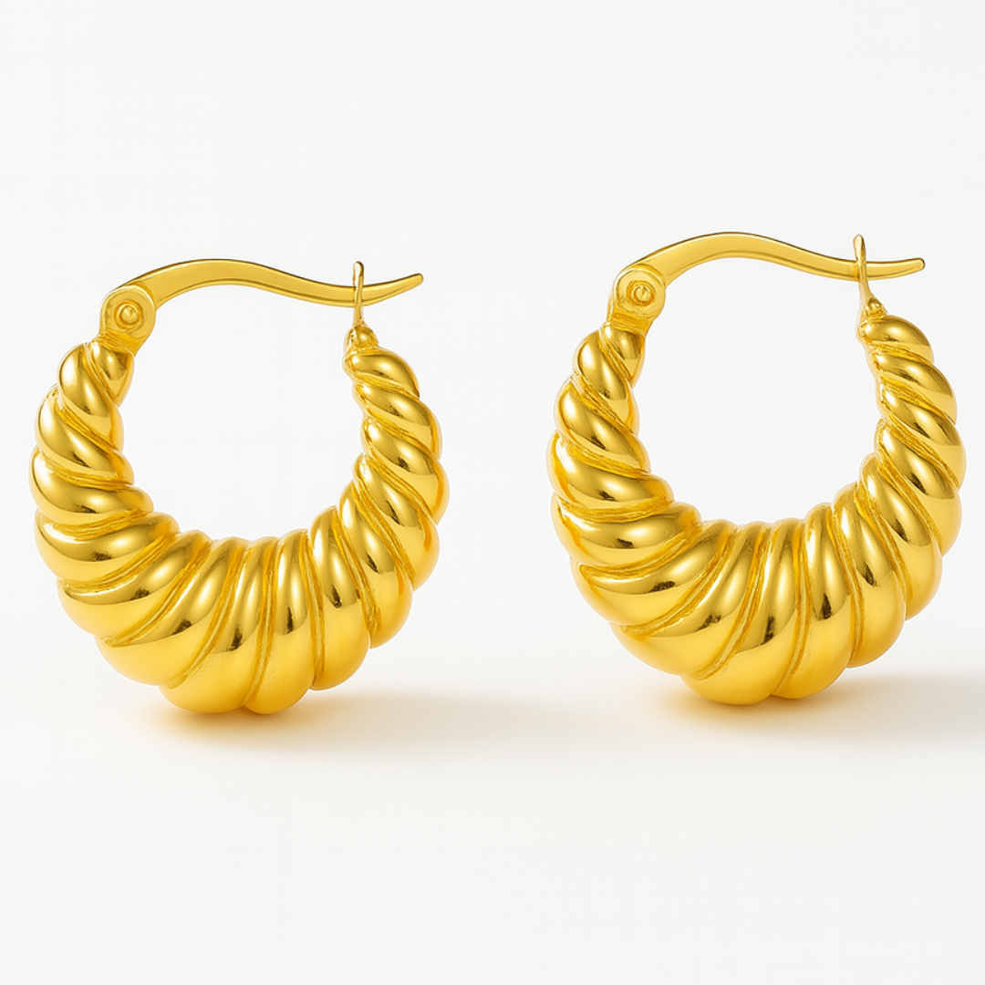 Aros dorados estilo croissant – Acero inoxidable chapado en oro 18K, diseño espiral grueso