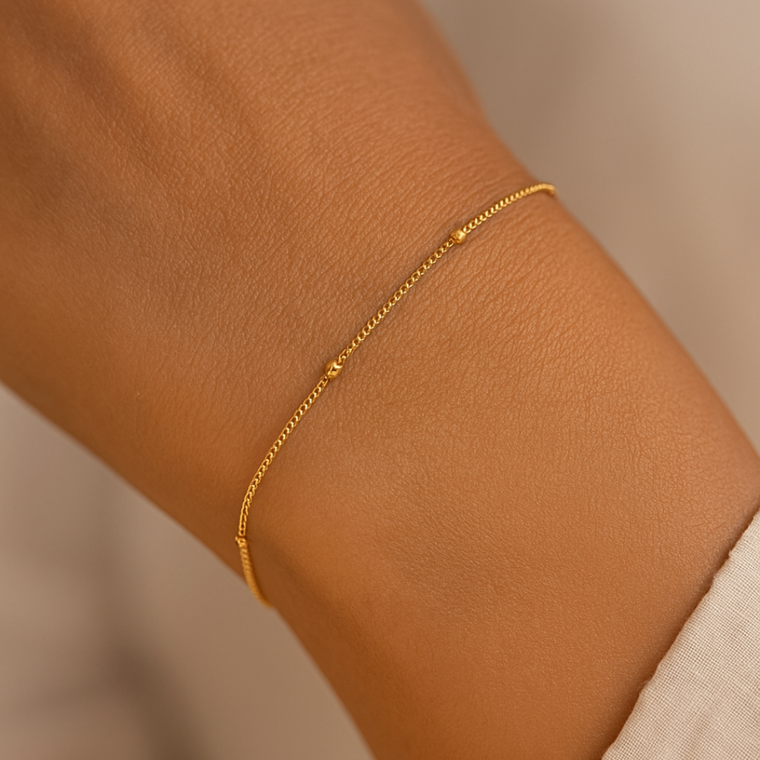 Pulsera Dorada Beads Chain, Box Chain y Figaro Chain chapada en oro 18k de acero inoxidable