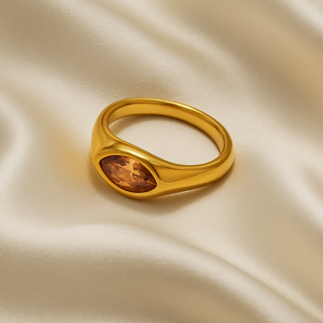 Anillo de sello de circón de ojo de caballo en acero inoxidable chapado en oro 18k