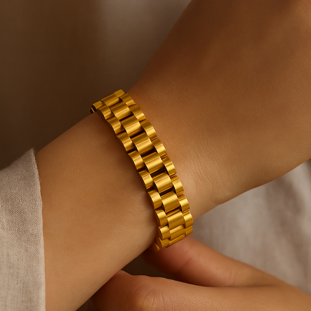 Pulsera desmontable estilo reloj de acero inoxidable chapada en oro 18K