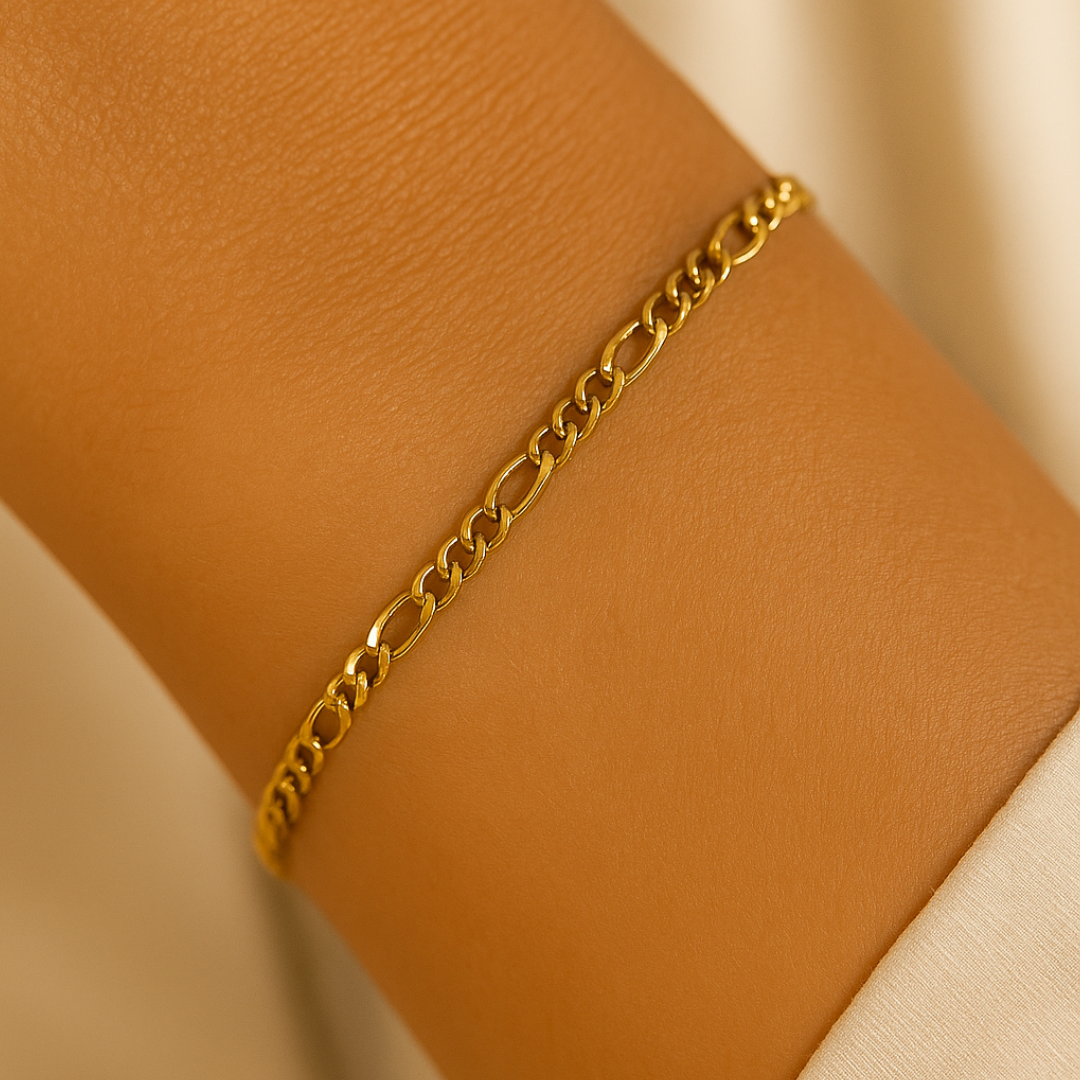 Pulsera Dorada Beads Chain, Box Chain y Figaro Chain chapada en oro 18k de acero inoxidable
