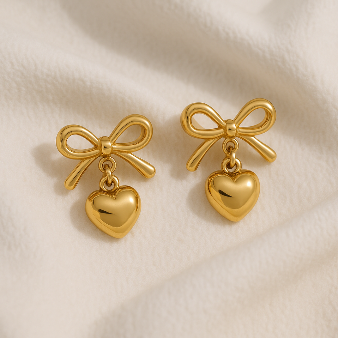 Aretes con siluela de corazón y delicado lazo dorado, aros de acero inoxidable chapado en oro 18 k