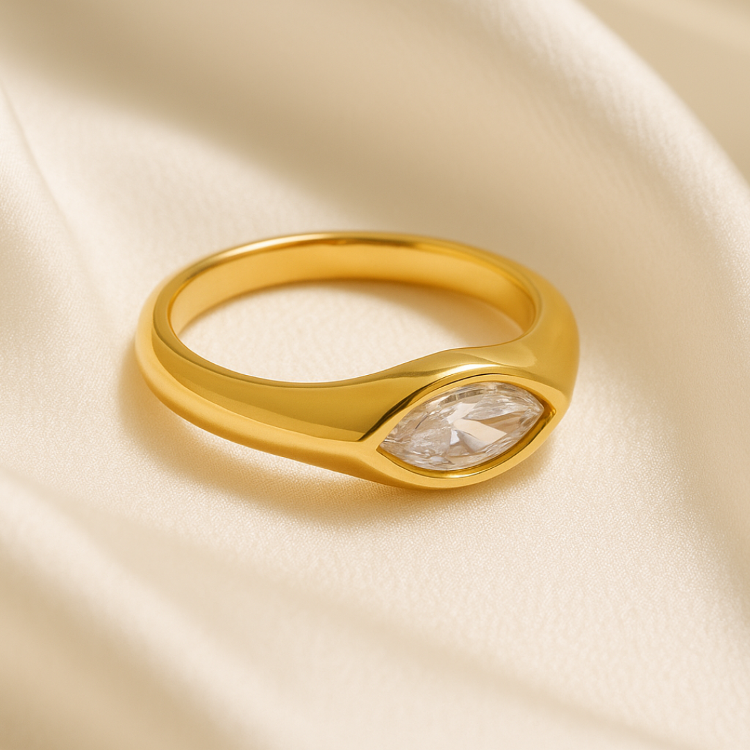 Anillo de sello de circón de ojo de caballo en acero inoxidable chapado en oro 18k