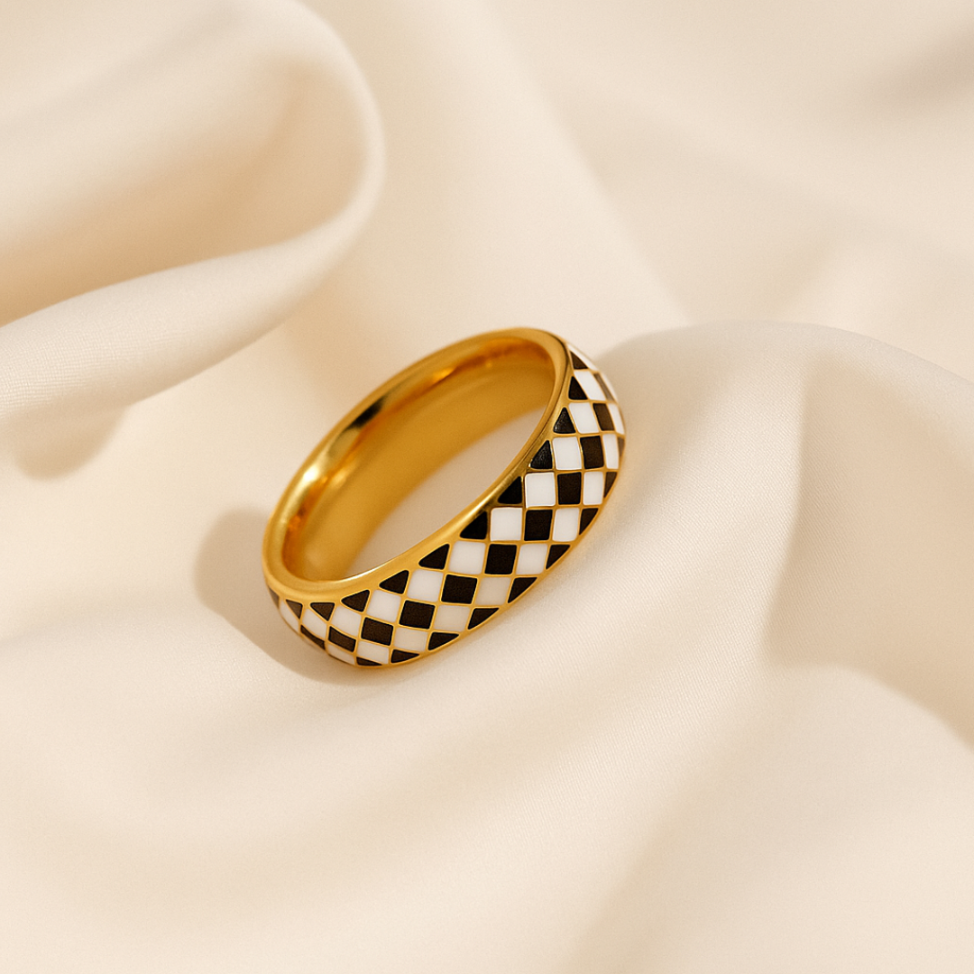 Anillo de cuadro de esmalte blanco y negro de acero inoxidable