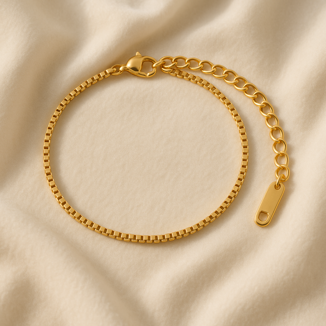 Pulsera Dorada Beads Chain, Box Chain y Figaro Chain chapada en oro 18k de acero inoxidable