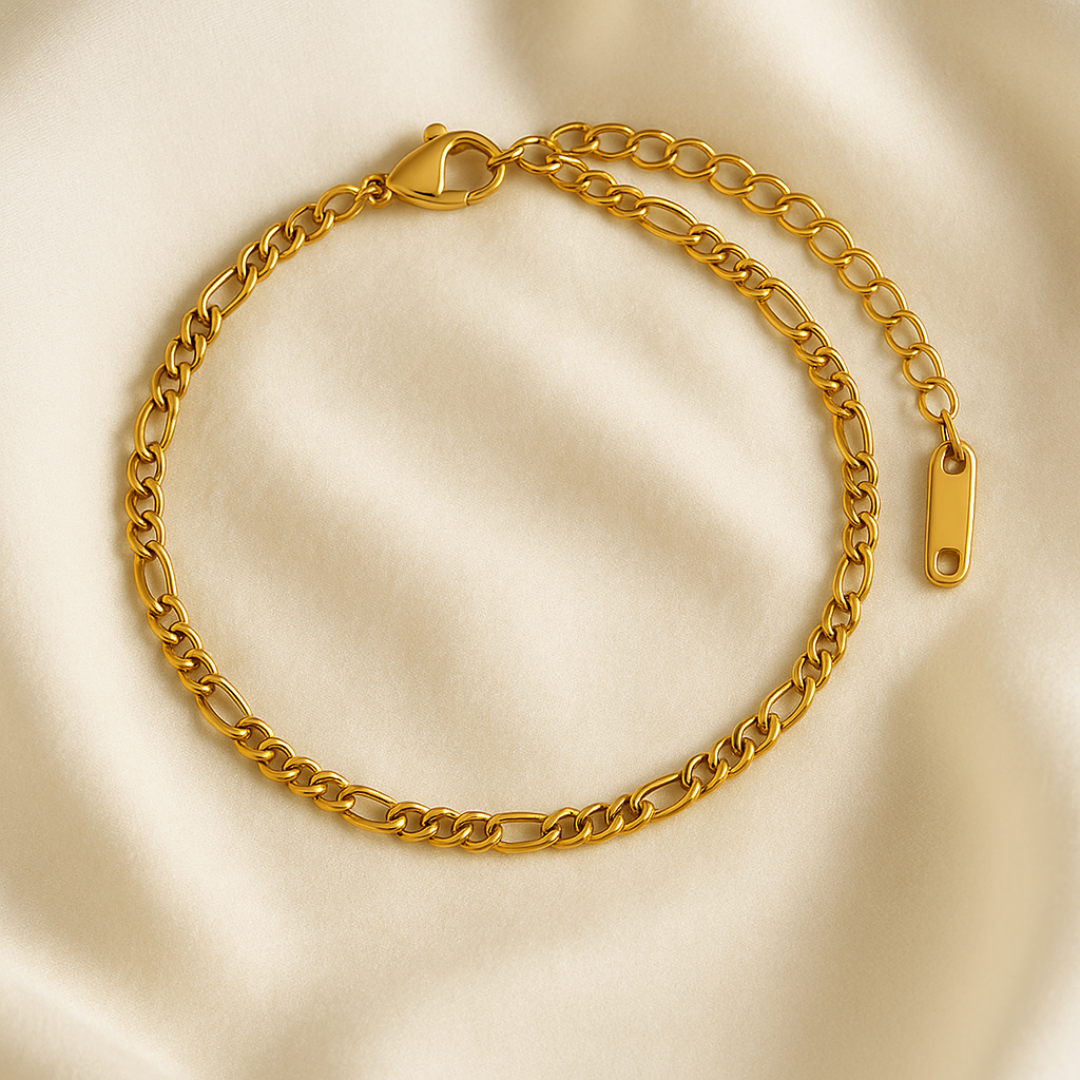 Pulsera Dorada Beads Chain, Box Chain y Figaro Chain chapada en oro 18k de acero inoxidable