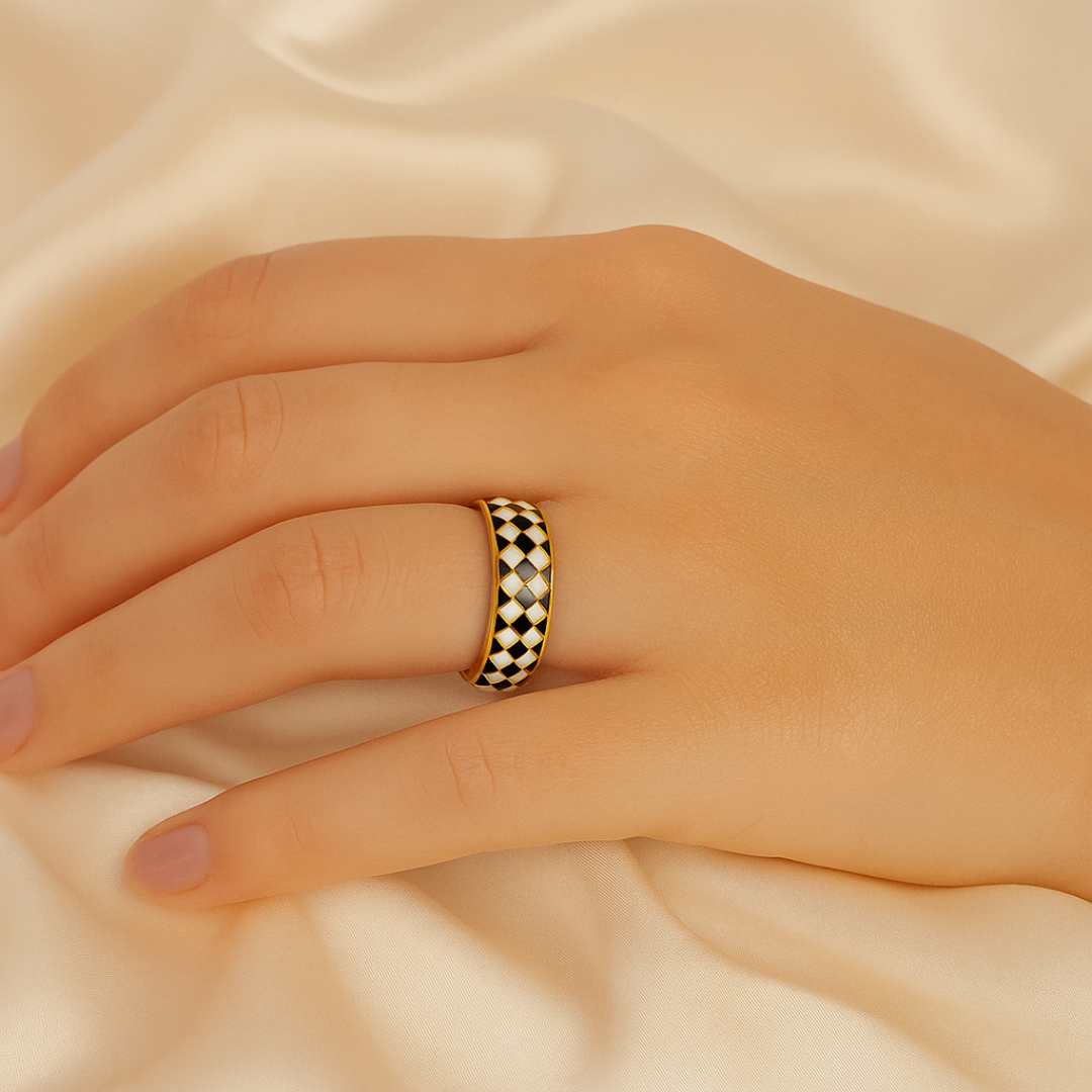 Anillo de cuadro de esmalte blanco y negro de acero inoxidable