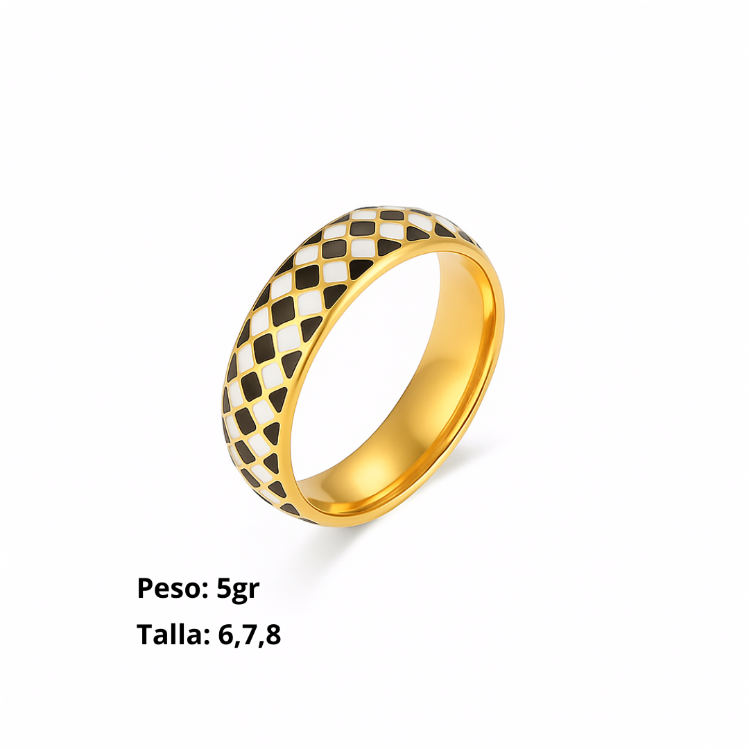 Anillo de cuadro de esmalte blanco y negro de acero inoxidable