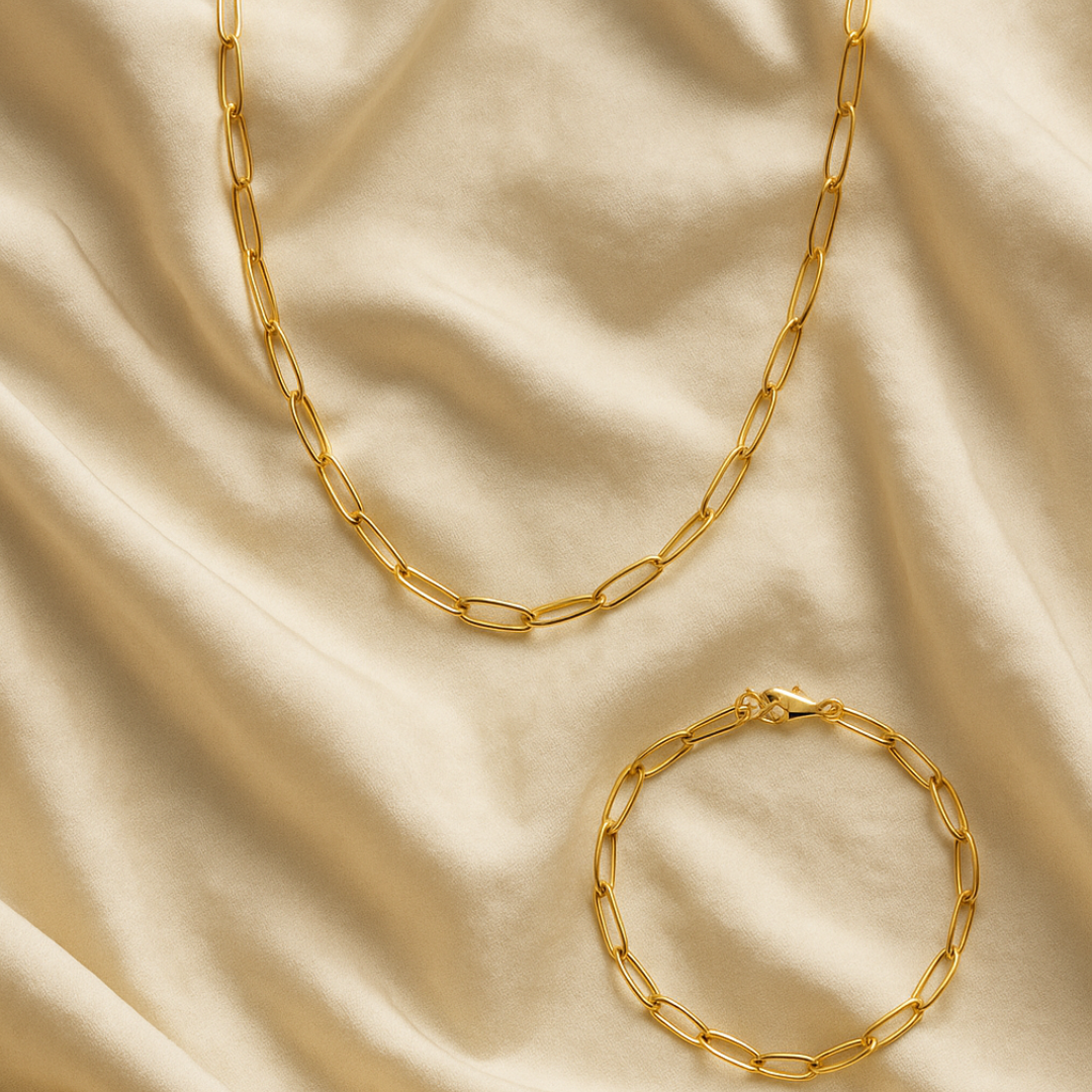 Set de Collar y Pulsera de Eslabones en acero inoxidable chapada en oro 18k