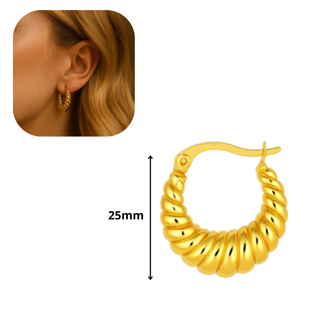 Aros dorados estilo croissant – Acero inoxidable chapado en oro 18K, diseño espiral grueso