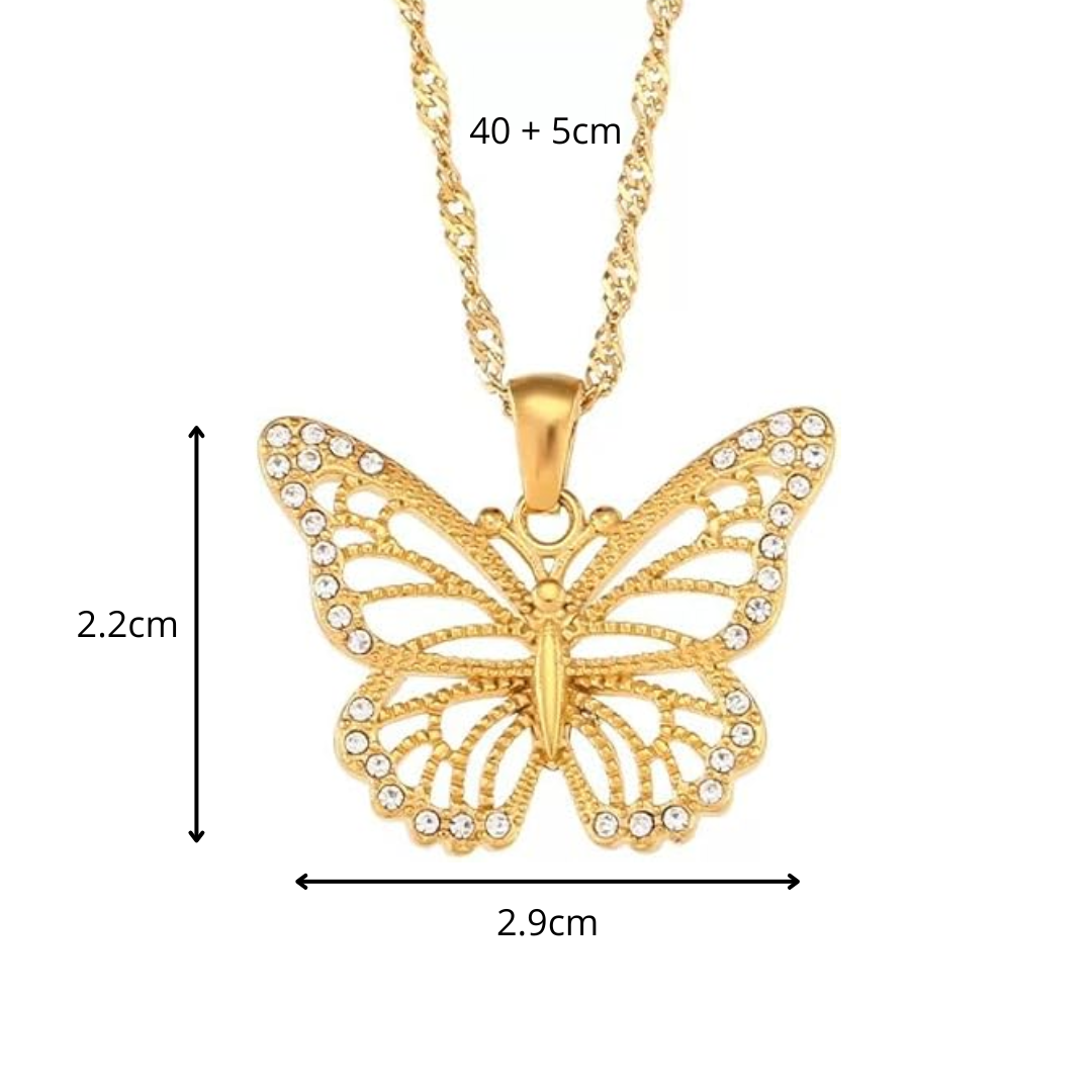 Collar de acero inoxidable chapado en oro 18 quilates con colgante de mariposa adornado con brillantes circones