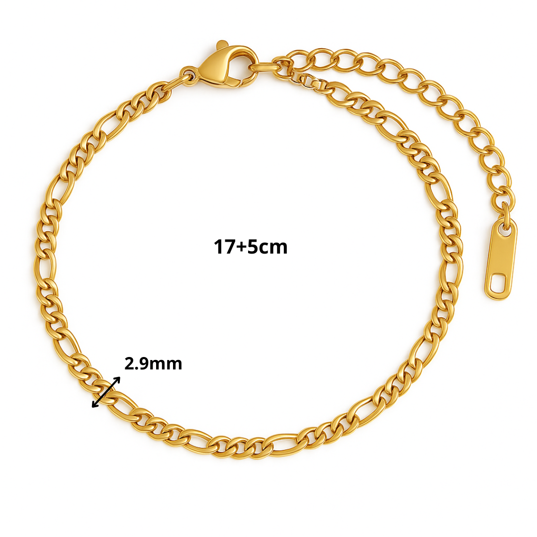 Pulsera Dorada Beads Chain, Box Chain y Figaro Chain chapada en oro 18k de acero inoxidable